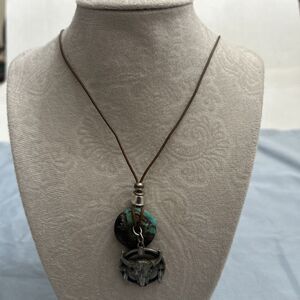 Vintage 1996 Siskiyou Pewter Bull Skull Turquoise Pendant Necklace Western Boho